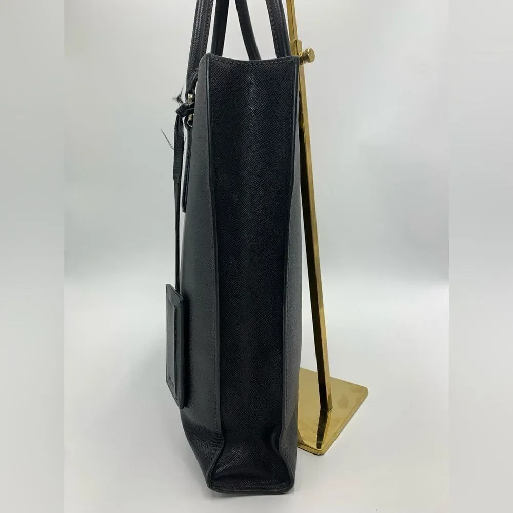 Auth Prada Black Saffiano Leather Web Blue Gray Stripe Travel Tote Preloved